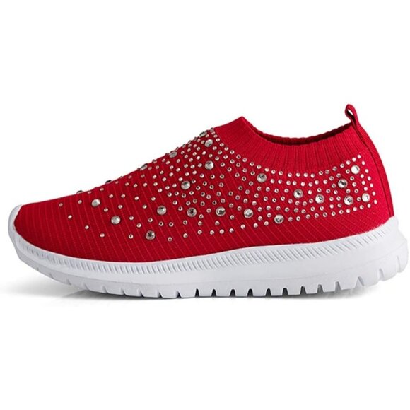 Women's Mesh Walking Shoes Rhinestone Glitter Slip On Ballroom Sneakers Red - Picture 2 of 6